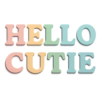 "Hello Cutie" in soft pastel rainbow bold serif font, kawaii, no outline, 3D paper-craft effect sticker