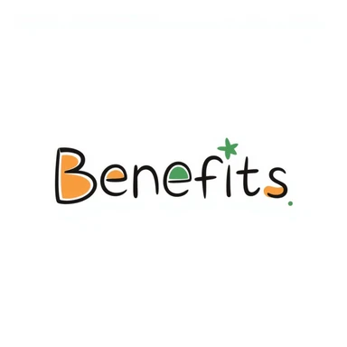 The word "Benefits" hand-drawn in white/cream colored text with just a few green and orange accents. Simple doodle style. sticker