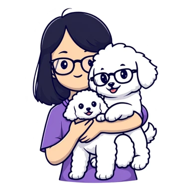 Girl with long black hair and glasses holding a white Bichon Frise dog sticker