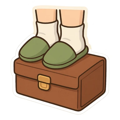 Feet with white socks wearing green house slippers standing on a briefcase sticker