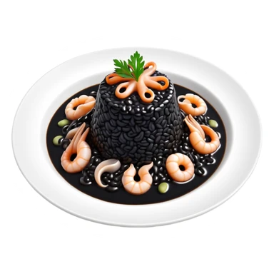 cinematic-realistic-black-risotto-dish-emoji,-showcasing-small squid pieces in black sauce -rendered-with-bold-textures-and-dynamic,-dramatic-lighting. sticker