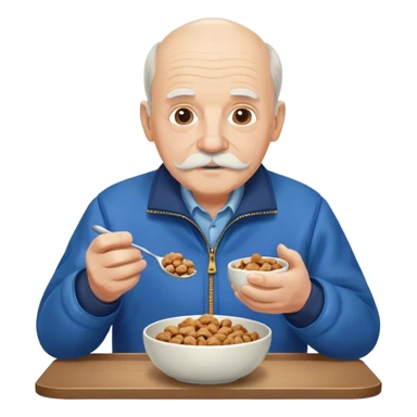 Old White Fat Balding Man with a White Mustache wearing a blue jacket while eating a bowl of Walnuts sticker
