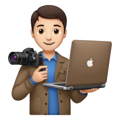 man's head with dark brown hair, holding a laptop and a camera, upbeat and approachable sticker