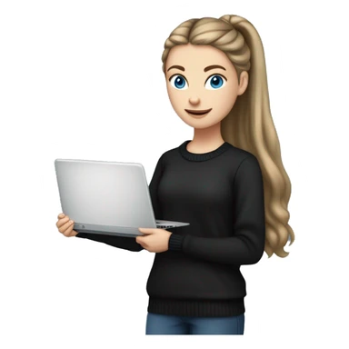 caucasian white girl student, holding laptop, blue eyes, dark brown hair ponytail wearing a thick black sweater sticker