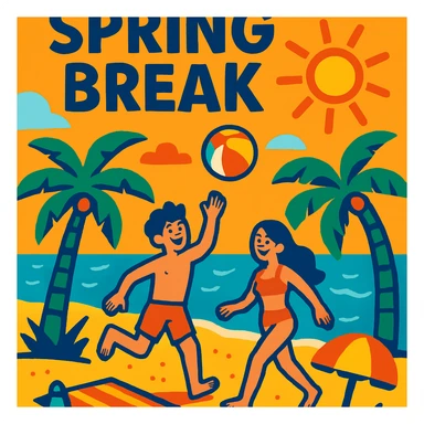 spring break vibrant beach scene with palm trees sun fun atmosphere bright colors sticker