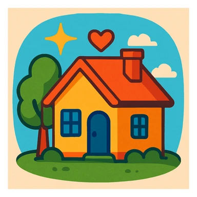 cute small house with a tree beside it, standing on soft green grass, a small heart above the house, golden star shining in the background, warm inviting style, symbolizing local pride, community rewards, youth-led impact sticker