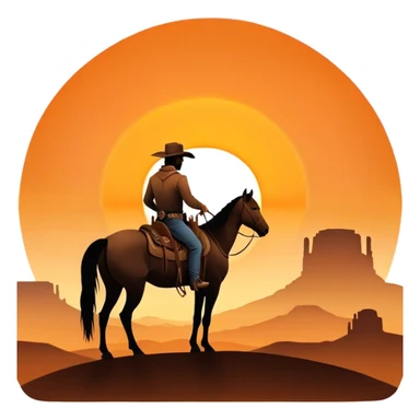 Cowboy riding off into the sunset.  Rear view with cowboy and horse silhouetted against the orange round sun setting on a desert western horizon ahead. sticker
