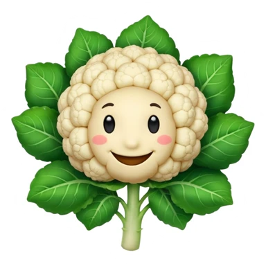cauliflower with green leaves, friendly, emoji style, no text sticker