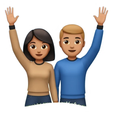 A 3D cartoon couple on top of a hill raising hands in victory, sunny sky and nature background, Memoji-style. inside photo frame. sticker