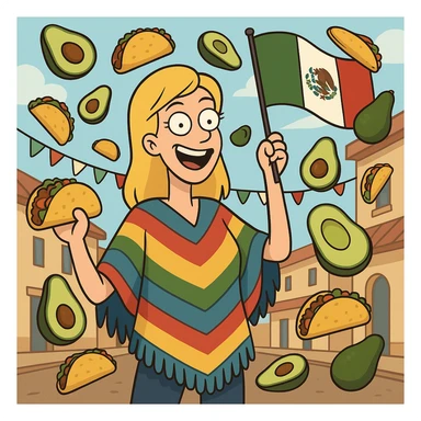 playful cartoon of a tall blonde woman wearing a colorful poncho, smiling, holding a taco and an avocado, waving a Mexico flag, surrounded by tacos and avocados, street party scene sticker