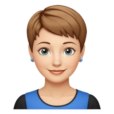 Frau, helle Haut, brauner Pixie schnitt mit dunkelblonden Spitzen, blaue Augen, mittleres alter sticker