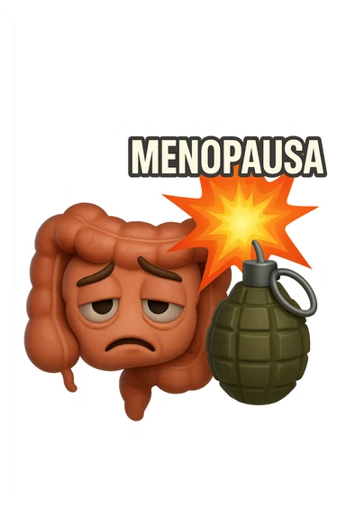 EMOJI STILE IPHONE 3D DI INTESTINO SFINITO CON ESPRESSIONE STANCA, ACCANTO A LUI SCOPPIA UNA GRANATA 3D CON LA SCRITTA "MENOPAUSA" SOPRA sticker