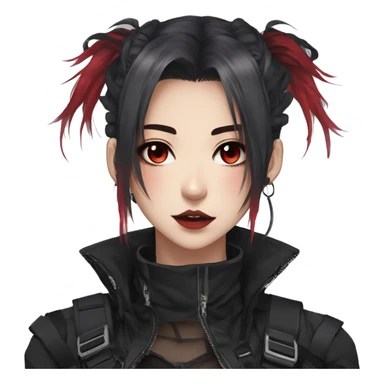 Gorgeous techwear anime style lady with blushing face aesthetic and pretty edgy black red punk messy hair with collar and harness trending style sticker