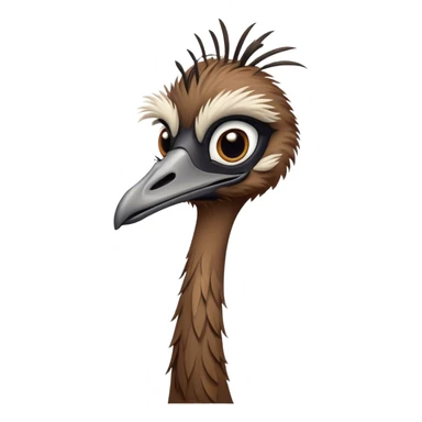 Cinematic Noble Emu Portrait Emoji, Poised and regal, with a tall, slender build and a shaggy, well-groomed fur of earthy brown feathers, a long elegant neck and deep-set soulful eyes, Simplified yet sharp and sophisticated features, highly detailed, glowing with a soft, dignified glow, high shine, intelligent and stately, stylized with an air of outback majesty, focused and attentive, soft glowing outline, capturing the essence of a watchful and confident bird, so majestic it feels as though it could stride out of the screen with effortless authority! sticker