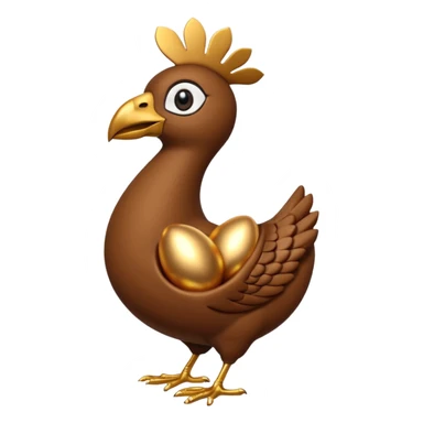 A 3D cartoon Sankofa bird with its head gracefully turned backward holding a golden egg in its beak, symbolizing learning from the past, single bird in frame, gold and brown tones, clean black background, Memoji-style rendering sticker
