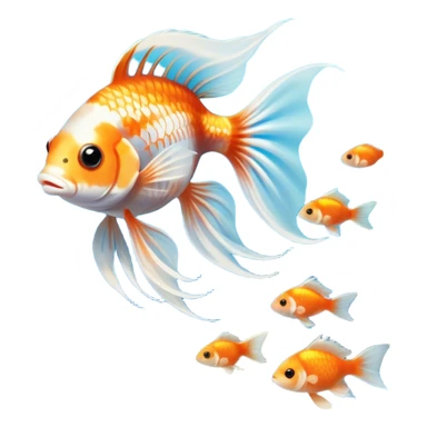 Large aquarium fish like veil tails and lionhead goldfish swimming gracefully in a beautifully decorated aquarium. Colorful aquatic plants, smooth rocks, and gentle bubbles surround the fish. The water shimmers in sunlight, creating a peaceful and vibrant underwater scene. Transparent background. sticker