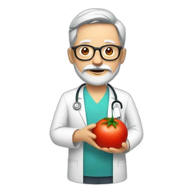 DOCTOR WITH WRINKLES, MAN, FULL GREY BEARD, GREY AND WHITE SHORT HAIR, DARK RED GLASSES, holding a tomato on his palm sticker