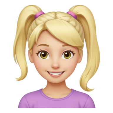 A playful blonde female cartoon character with wide, mischievous eyes, smiling, ponytail, dynamic pose suggesting movement, pastel colors, minimalistic and cute emoji style. sticker