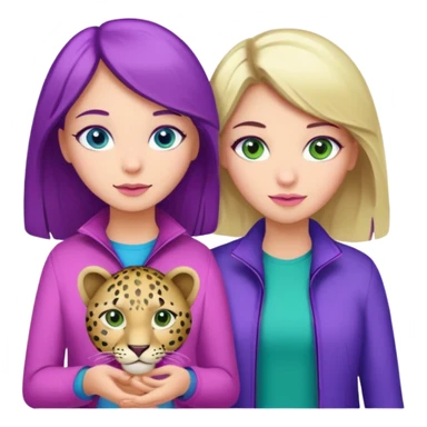 I want a brunette girl who really likes pink and leopard print, another blonde with blue eyes who likes blue, and another with light brown hair, green eyes, and purple and green colors. All together.   sticker