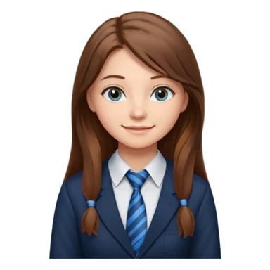 high school class room with a pretty female high school student with long brown hair, blue eyes, wearing a tie, sitting in front of the blackboard sticker