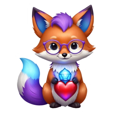 small magical fox with shimmering purple and blue fur, glowing fluffy tail, silver star on forehead, round glasses, tiny lantern, hugging a big red heart sticker
