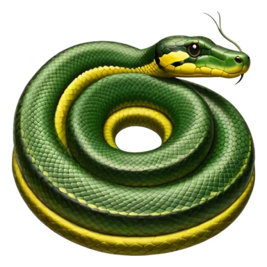A photo-realistic top-down view of a Green Anaconda tightly coiled in a spiral, with its broad, flat head resting at the center. Its thick, muscular body is olive-green and covered in symmetrical, bold black oval spots that stand out against its smooth scales, creating striking natural camouflage. sticker