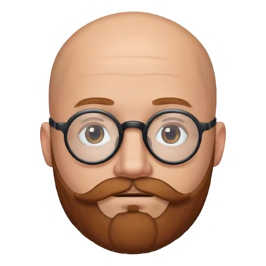 emoji 32-year-old white man, bald with a chestnut beard and mustache, small head with round black glasses. sticker