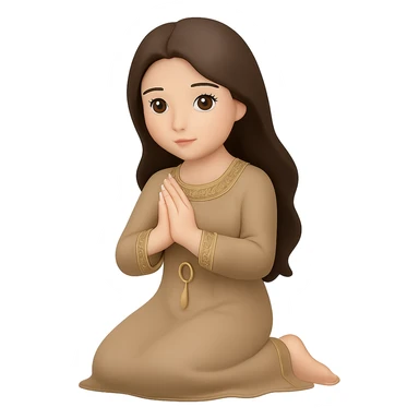 Change the dress color to tan, keep the woman kneeling and praying, long dark brown hair, emoji style, no background. The style should resemble emoji style with simple and clear features. sticker