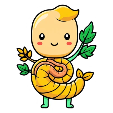 Cute simplified human digestive system with stomach and intestines, surrounded by golden wheat stalks and green leaves. Bright healing particles moving through the digestive tract sticker