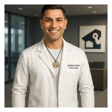 Create a realistic illustration of a happy kinesiologist in a modern corporate environment, maintaining the same positive expression and attitude as the person in the photo. The kinesiologist should wear professional white attire. The style should be realistic and suitable for a corporate setting. sticker