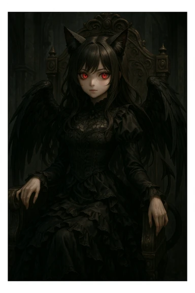 realistic anime catgirl devil with elegant gothic dress, black wings, red glowing eyes, ornate throne, dark fantasy background sticker
