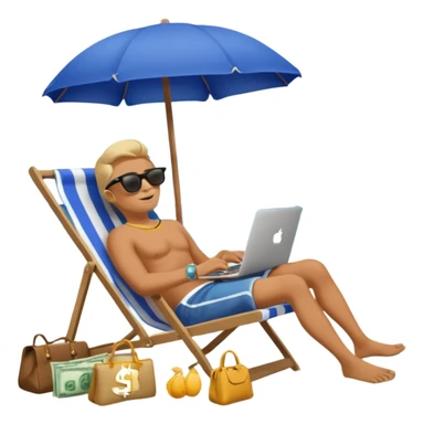 Emoji-style person relaxing on beach chair with laptop and money bag, “$20K” written in sand, sky gradient background, calm and successful tone sticker