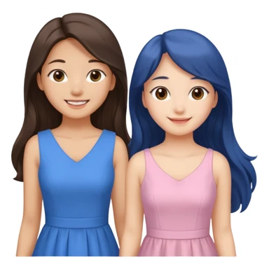 one Korean girl in blue and one white long haired brunette girl in light prink dresses smiling sticker