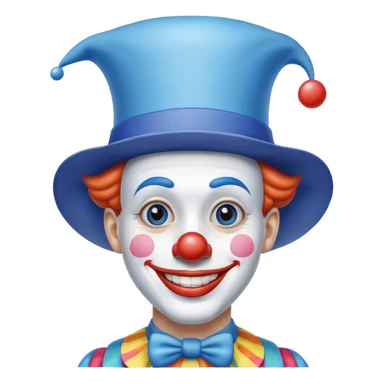 Chú hề đội mũ vuông cao xanh nước biển, cười tươi, khuôn mặt dài, 25 tuổi sticker