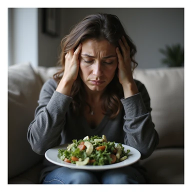 adult woman, photorealistic, ineffective diet, sad face with hands in hair, sitting on sofa with plate of salad, melancholic atmosphere, natural light, home background sticker