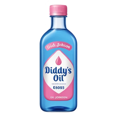 bottle of oil blue top pink outside with logo that says Diddys Oil Johnson and Johnson bottle  sticker