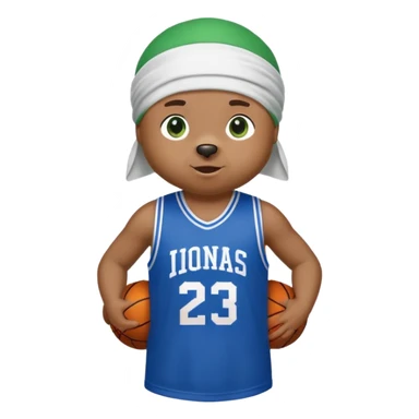 Brown bear with friendly expression and green eyes, white durag on head, blue basketball jersey visible up to shoulders, showing upper body, iOS emoji style sticker