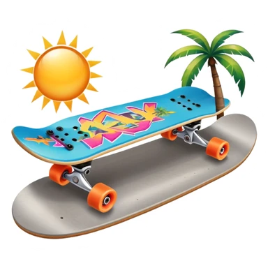 An icon featuring a skateboard resting on a smooth concrete surface. The background shows a sunny skate park with ramps, graffiti walls, and palm trees, creating an urban vibe. The skateboard is designed with vibrant colors and unique graphics. Transparent background  sticker