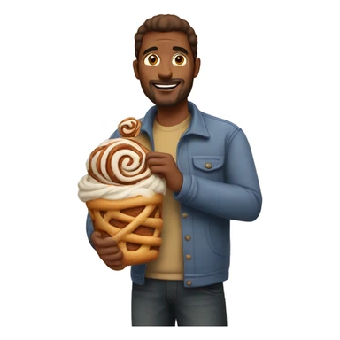 A dad holding a Cinnabon  sticker