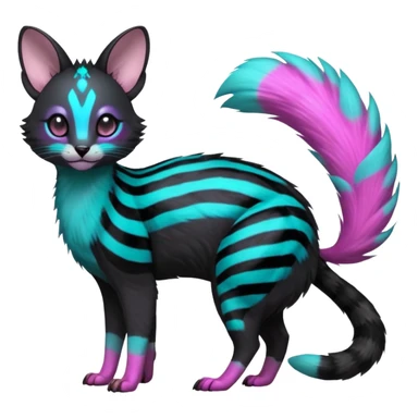 Hyper-realistic Black-coated with glowing random cyan and magenta markings divine beautiful elegant pretty precious cute young youthful  Fakémon-Pokémon-alien-opossum-feline-serval-caracal-chinchilla-Minccino-hybrid-creature with a big fluffy bushy striped tail (full body) sticker