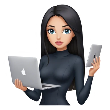 Glamours, tanned, very beautiful girl, with big pump peach-beige-rose lips, black straight smooth silky long hair, straight parting, blue-grey eyes, in black bodysuit holding MacBook sticker