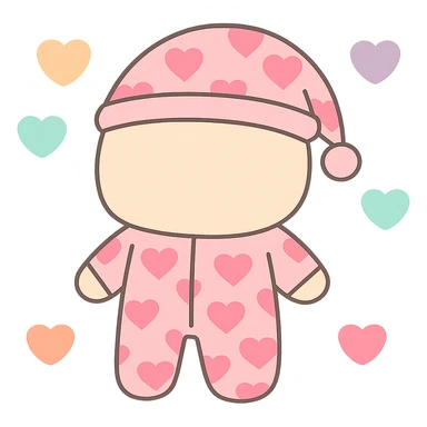 Remove the face from the pink pajamas covered in heart prints, surrounded by floating hearts, keep the style and transparency. Maintain the pink pajamas with heart prints and floating hearts, but without any face visible. sticker