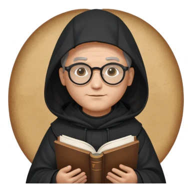 Monk priest prayer black habit with hood round black glasses done light brown wavy hair under hood remove the medallion smaller more round glassed age 46 no necklace more oval face hand holding book that says RB 480 top left is great add a little hair brown gray under hood  sticker