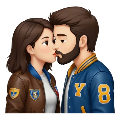 A brunette girl with a letterman jacket kissing a brunette boy with a beard and leather jacket  sticker