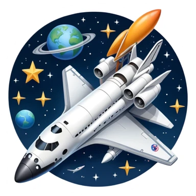 An icon featuring a space shuttle and an airplane against a starry sky, symbolizing aerospace technology. The design includes rocket boosters and satellite orbits, representing the exploration of space and advanced aviation. Transparent background sticker