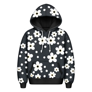 The BLACK Denim Tears Hoodie features a black base with distinctive white and black  open flower spots with empty space in the middle, These hollow ring-like patterns are scattered across. BLACK AND WHITE FLOWERS sticker