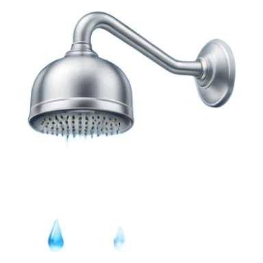 "A clean emoji icon of a silver shower head with blue water droplets falling downward in streams and steam wisps rising, minimal flat design, bright and refreshing colors, transparent background" sticker