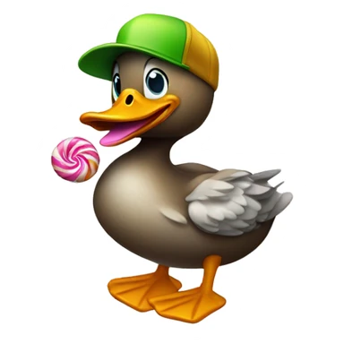 Duck wearing a trucker hat eating a candy caen sticker