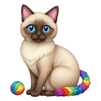 Siamese cat sitting full body with rainbow eyes playing with a wool ball sticker