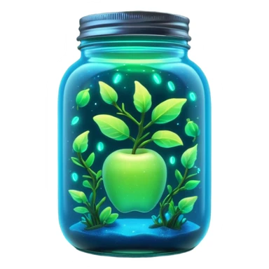 3D render of Firefly Jar, bioluminescent deep sea style, glowing neon blue and green lights, dark background to contrast the glow, translucent organic textures, Apple emoji style. sticker